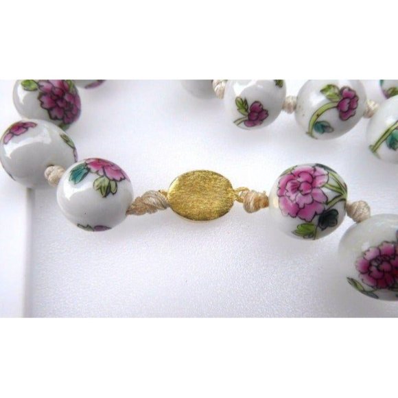 Hand-Painted Ceramic Floral Bead Necklace With Gold-Tone Filigree Clasp 26" - Picture 4 of 9